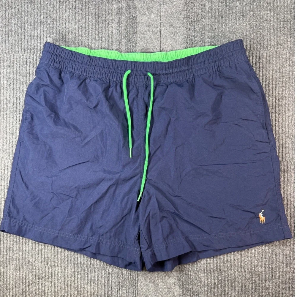Polo Ralph Lauren Mens Swim Trunks Navy Blue Green Pony Logo Size M 5.5 Inseam